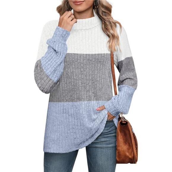 Oversized Boho Color Block Turtleneck Sweater | Cozy Fall & Winter Tunic Top - Picture 2 of 5